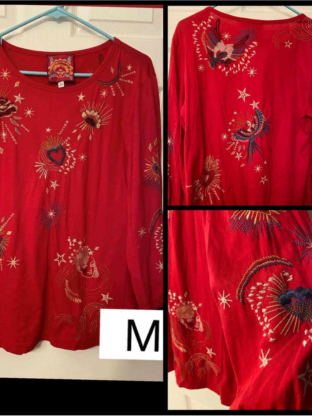 Johnny Was Maris Red Celestial Sacred Heart Embroidered Long Puff Sleeves size M